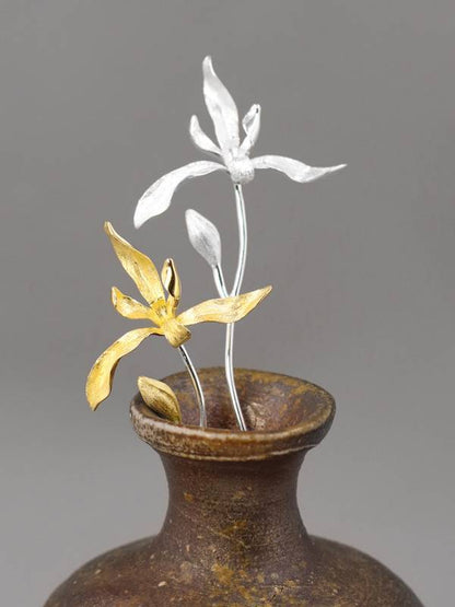 Orchid in the Valley Silver Brooch