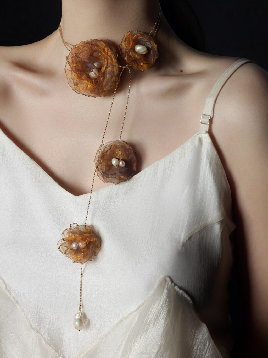Organza Camellia Freshwater Pearl Necklace,Champagne Gold,Lumivault.