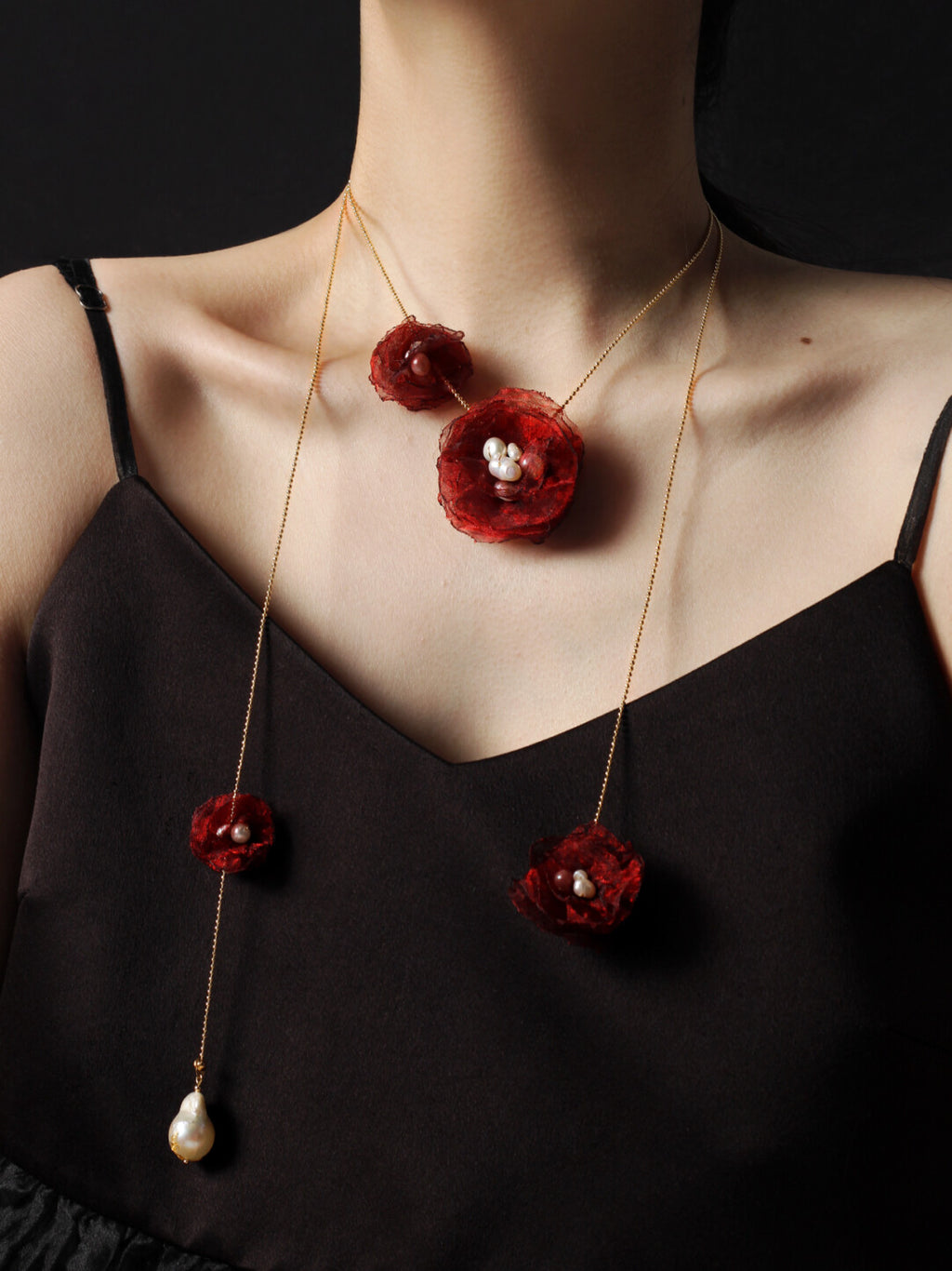 Organza Camellia Freshwater Pearl Necklace,Red,Lumivault.