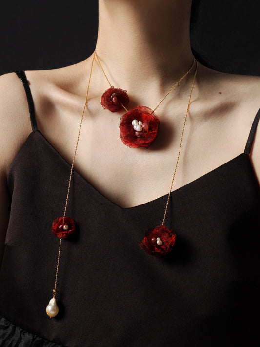 Organza Camellia Freshwater Pearl Necklace - Lumivault