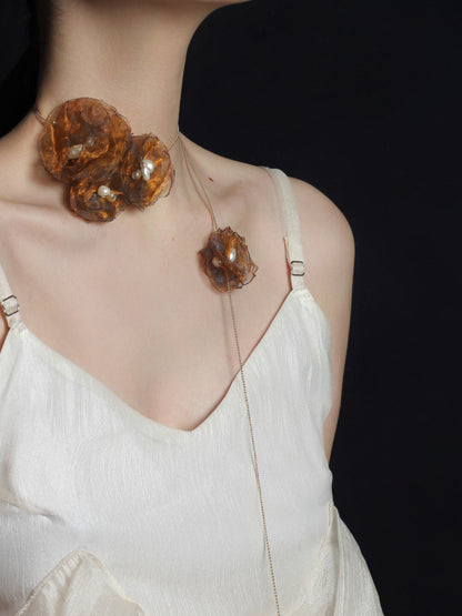 Organza Camellia Freshwater Pearl Necklace - Lumivault