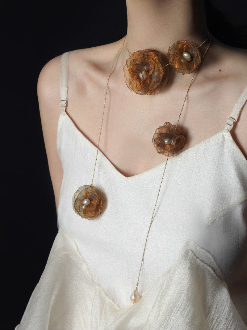 Organza Camellia Freshwater Pearl Necklace,Lumivault.