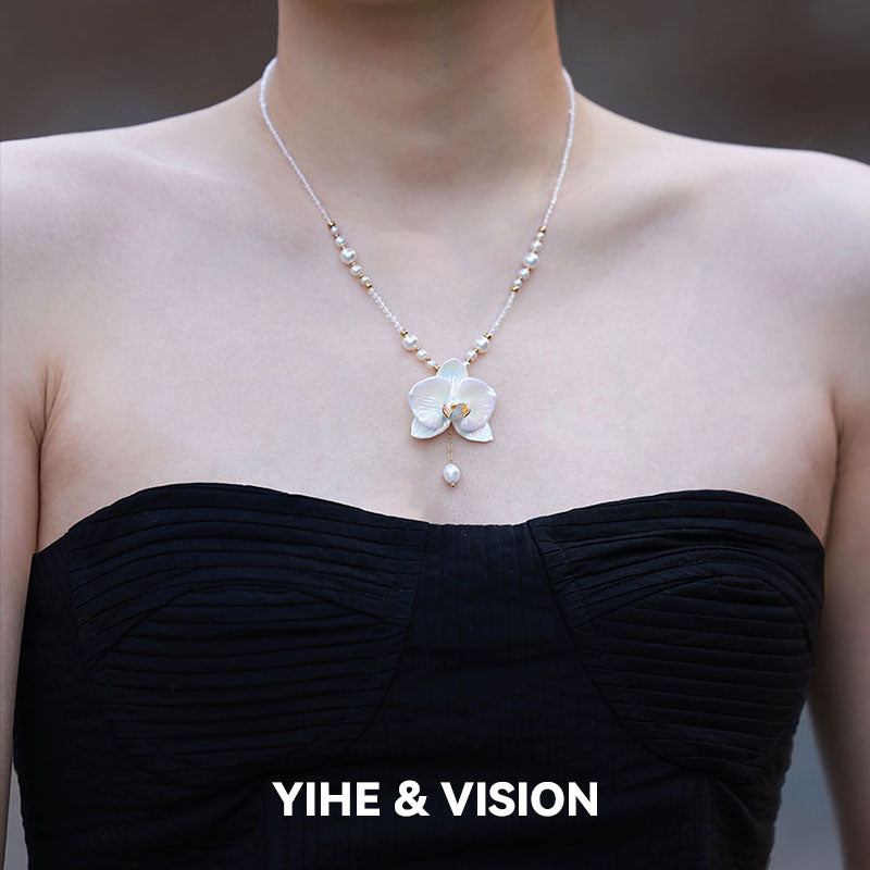 Moth Orchid Pearl Ceramic Necklace,Lumivault.