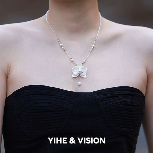 Moth Orchid Pearl Ceramic Necklace