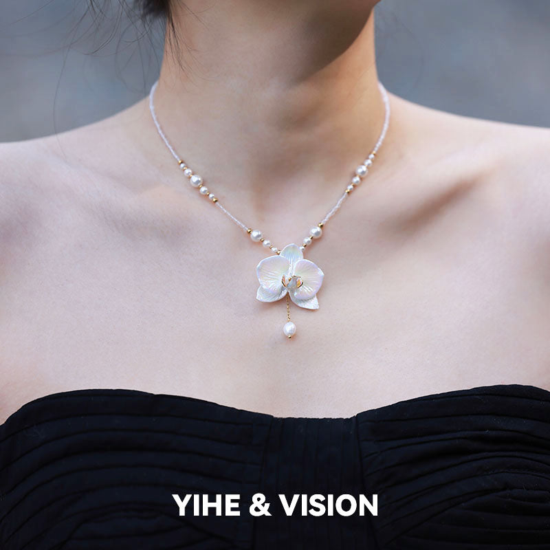 Moth Orchid Pearl Ceramic Necklace,Lumivault.