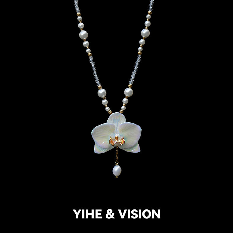 Moth Orchid Pearl Ceramic Necklace,Lumivault.