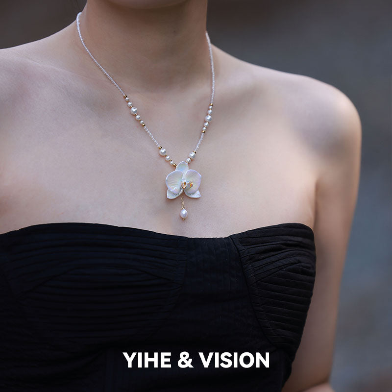 Moth Orchid Pearl Ceramic Necklace,Lumivault.