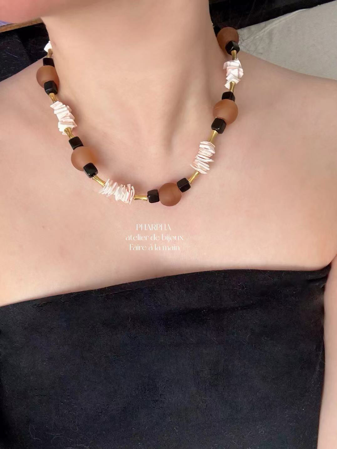 Pharpha Ebony Shell Glass Necklace,Lumivault.