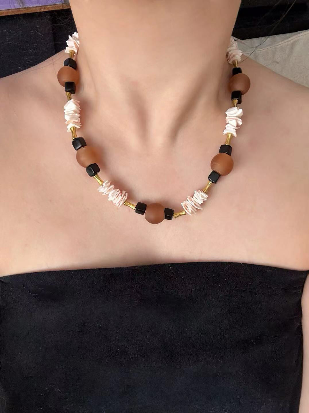 Pharpha Ebony Shell Glass Necklace,Lumivault.