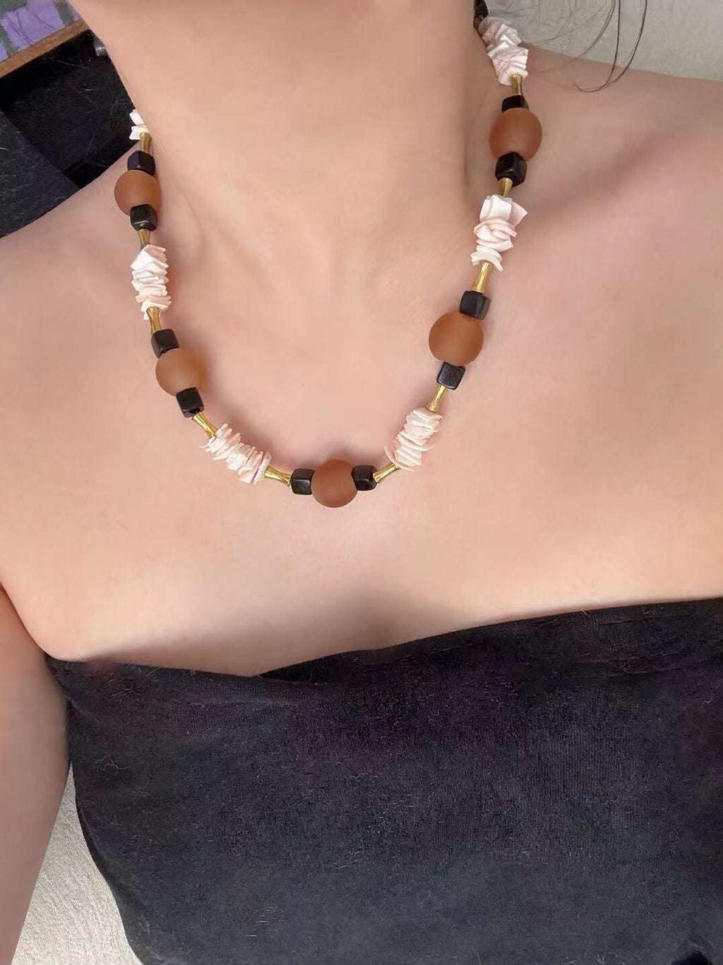 Pharpha Ebony Shell Glass Necklace,Lumivault.
