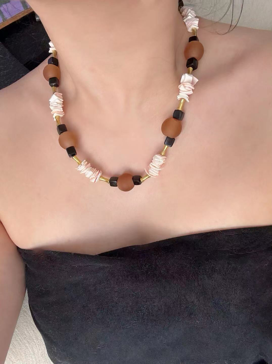 Pharpha Ebony Shell Glass Necklace,Lumivault.