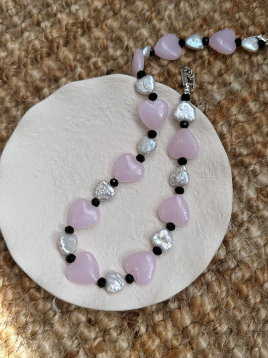 Pharpha Pink Glass Heart Baroque Pearl Necklace - Lumivault