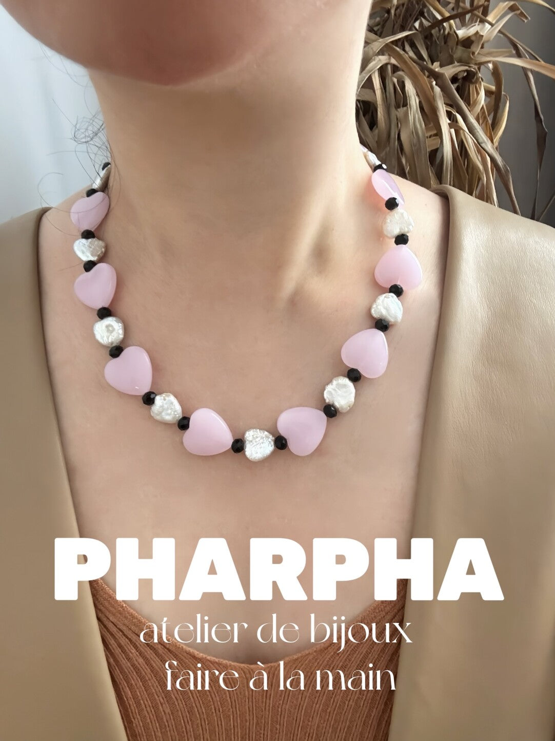 Pharpha Pink Glass Heart Baroque Pearl Necklace,Lumivault.
