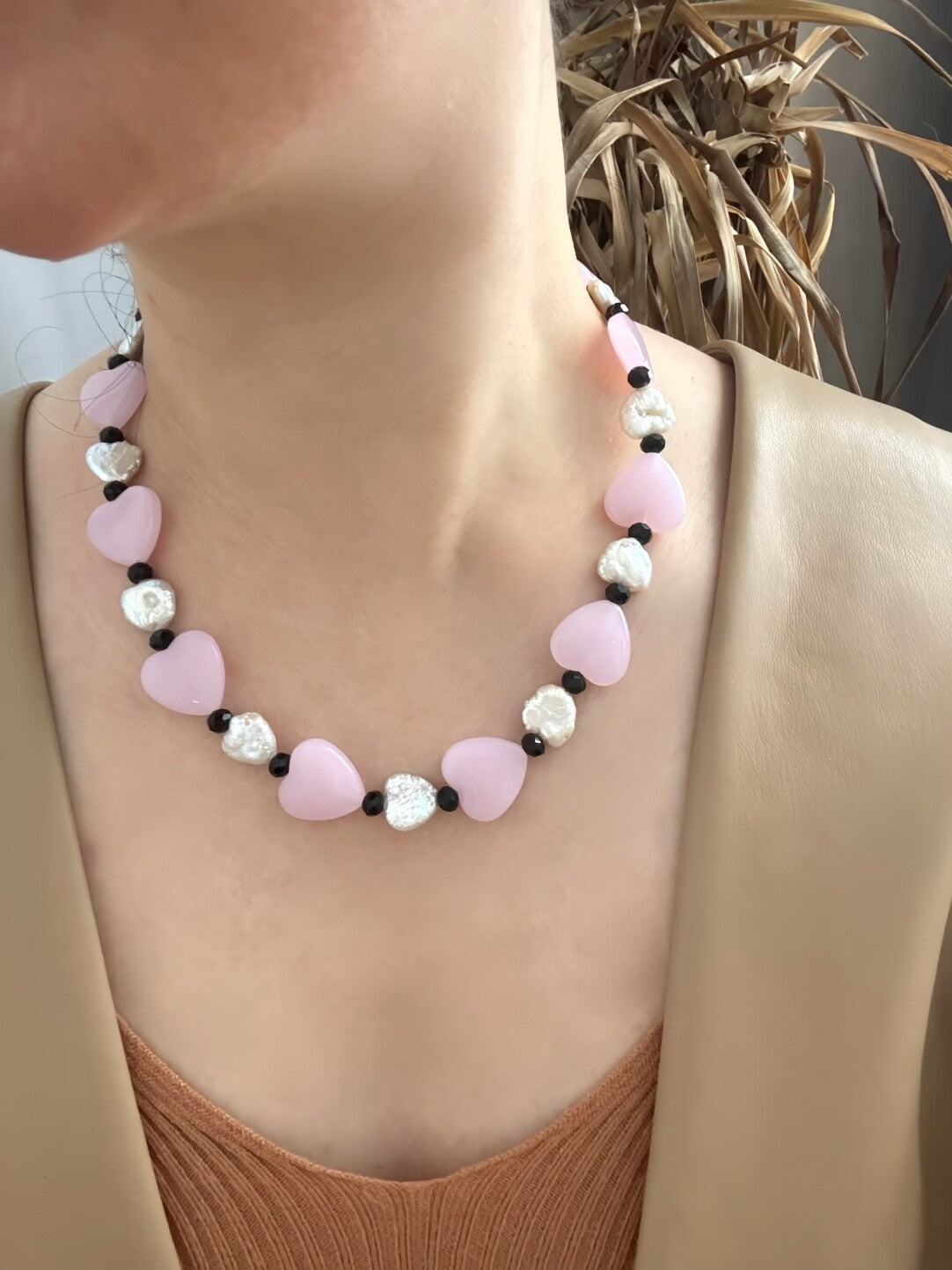 Pharpha Pink Glass Heart Baroque Pearl Necklace,Lumivault.