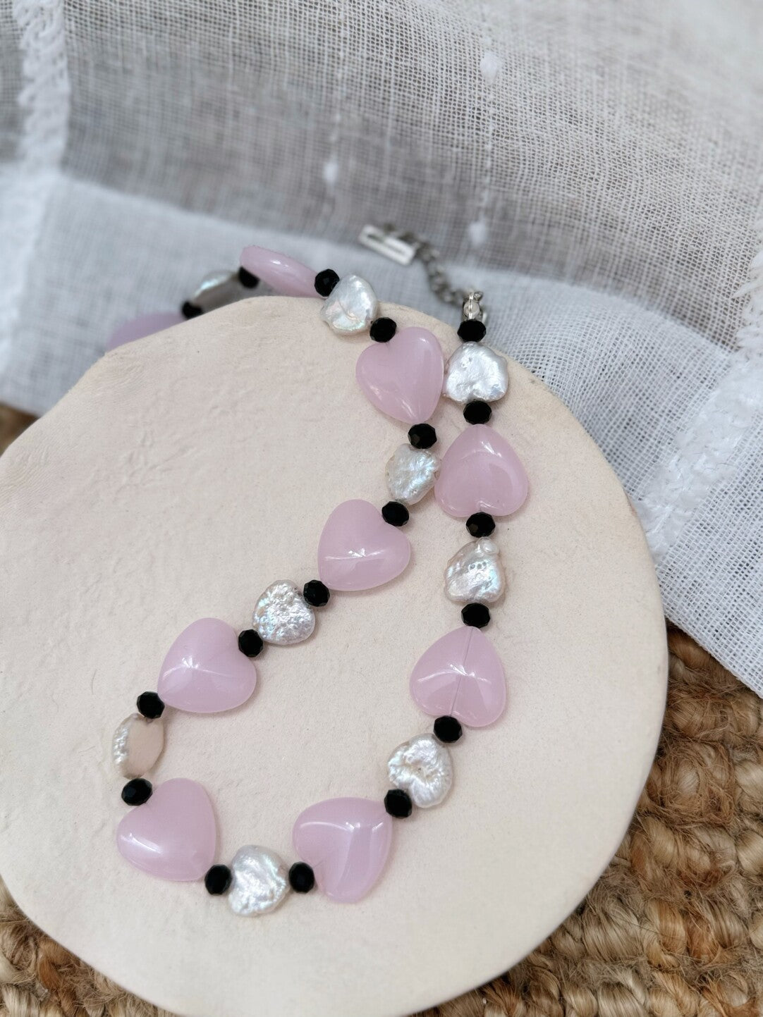 Pharpha Pink Glass Heart Baroque Pearl Necklace,Lumivault.