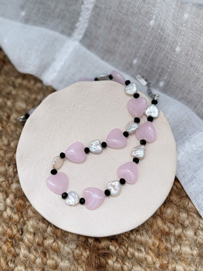 Pharpha Pink Glass Heart Baroque Pearl Necklace - Lumivault
