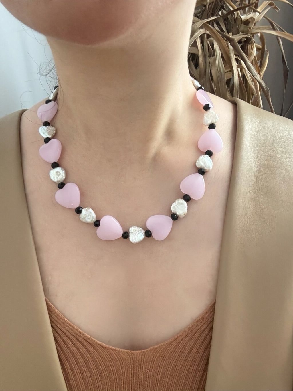 Pharpha Pink Glass Heart Baroque Pearl Necklace,Lumivault.