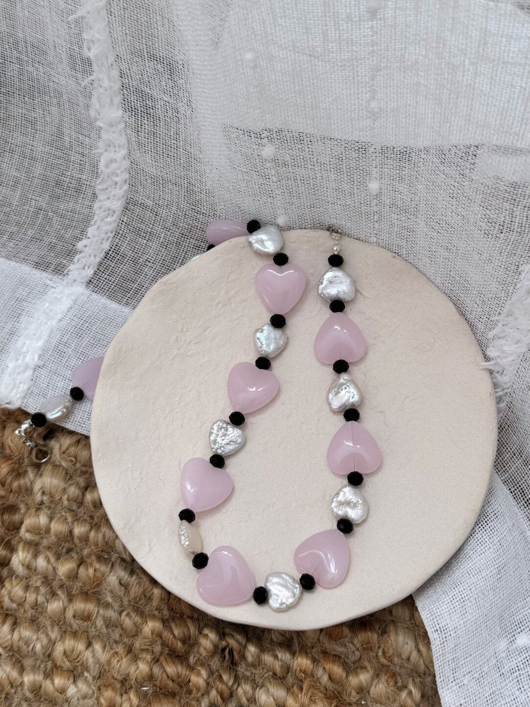 Pharpha Pink Glass Heart Baroque Pearl Necklace,Lumivault.