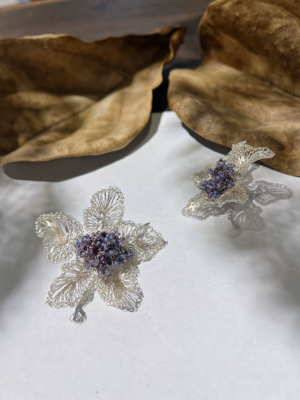 Purple Beads Metal Woven Flower Earrings,Lumivault.
