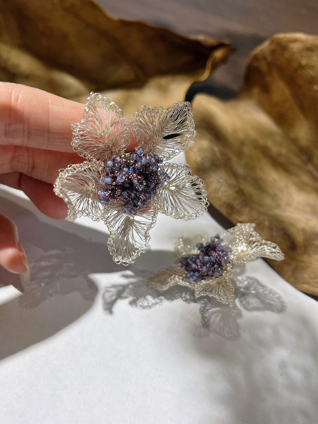 Purple Beads Metal Woven Flower Earrings,Lumivault.