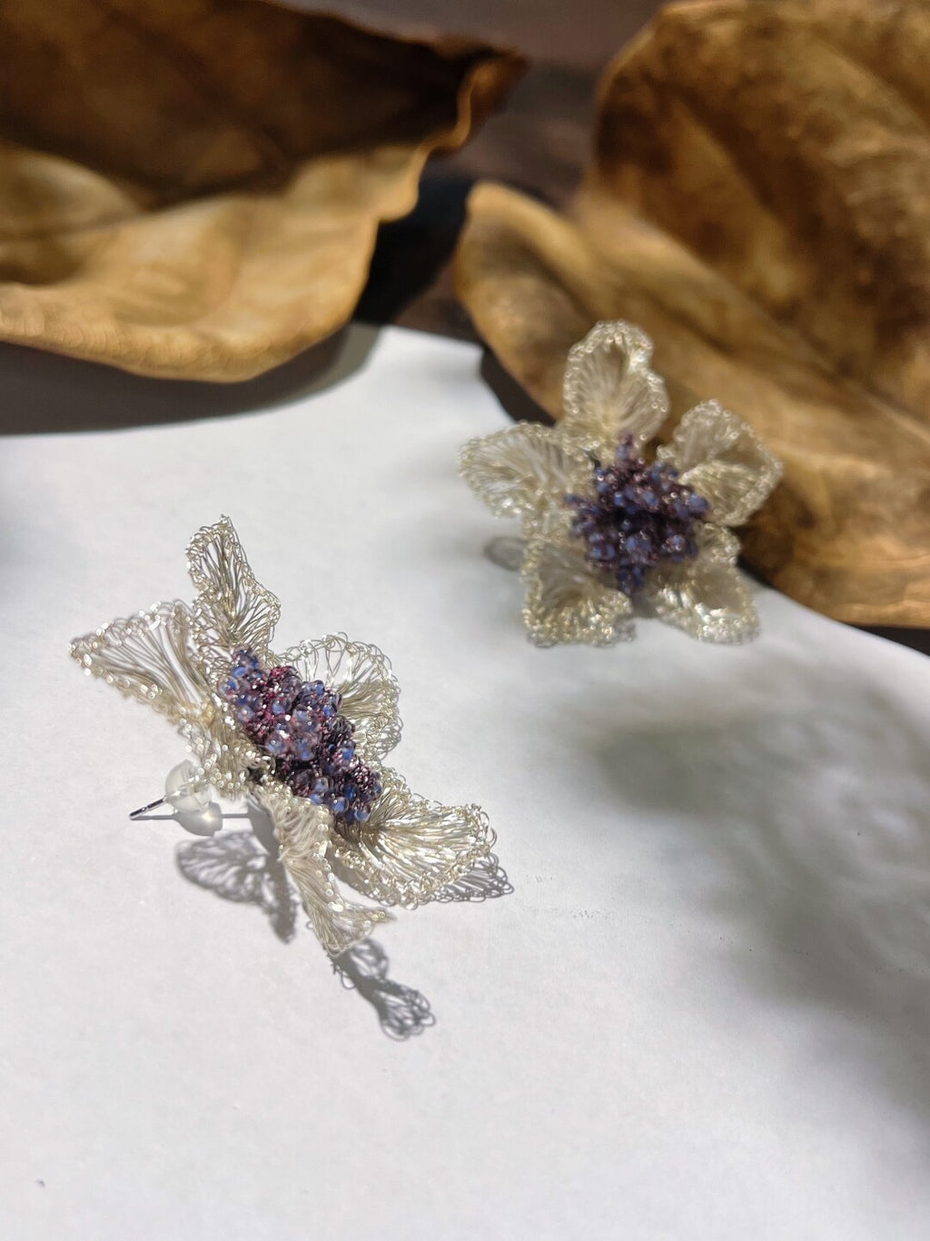 Purple Beads Metal Woven Flower Earrings,Lumivault.