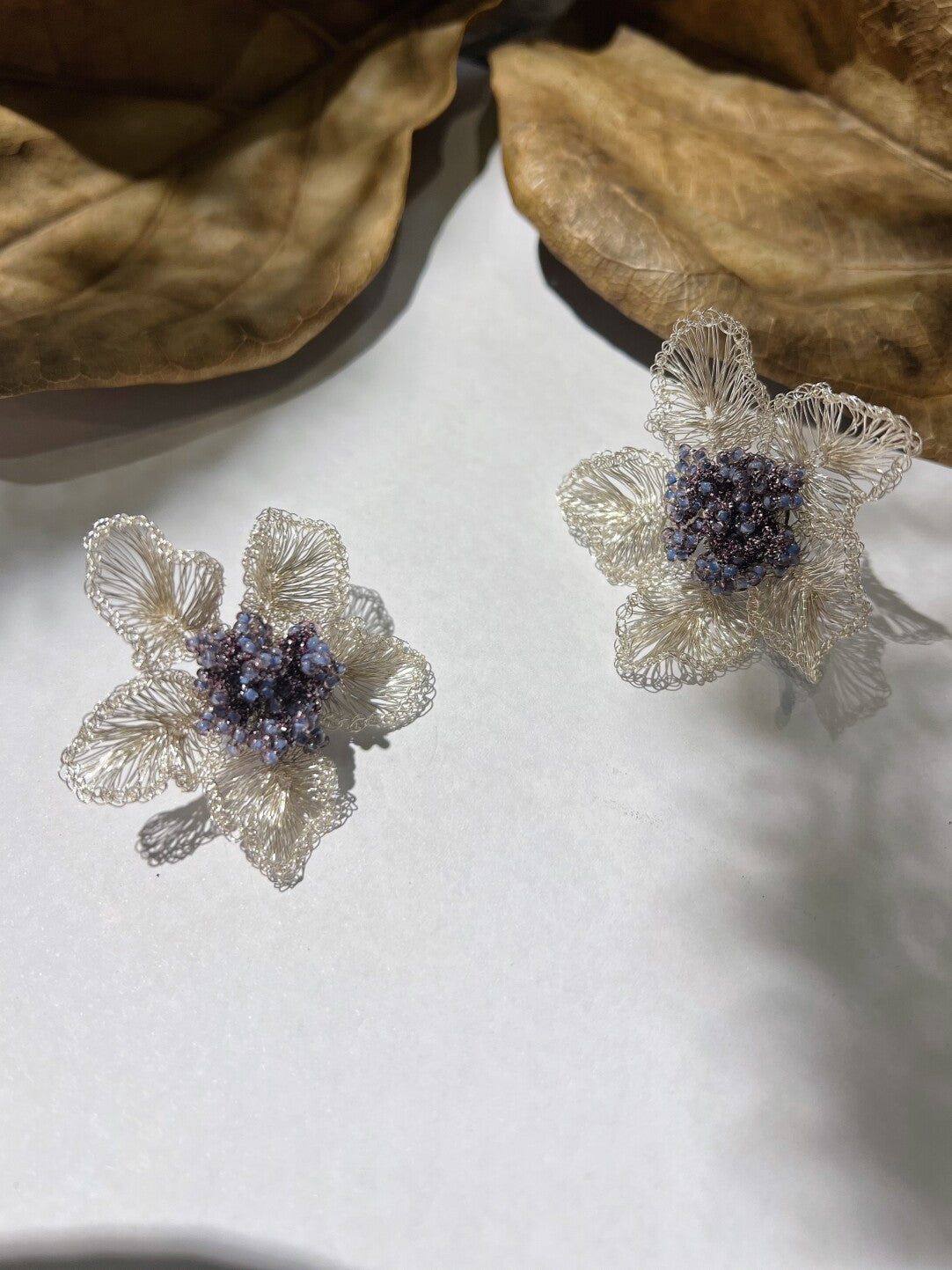 Purple Beads Metal Woven Flower Earrings,Lumivault.