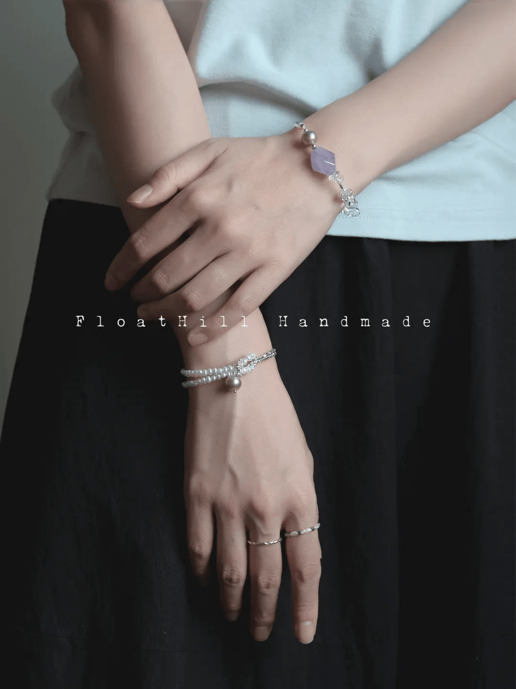 Purple Bellflower FH1207ZFL | Pearl & Textured Silver Chain Bracelet
