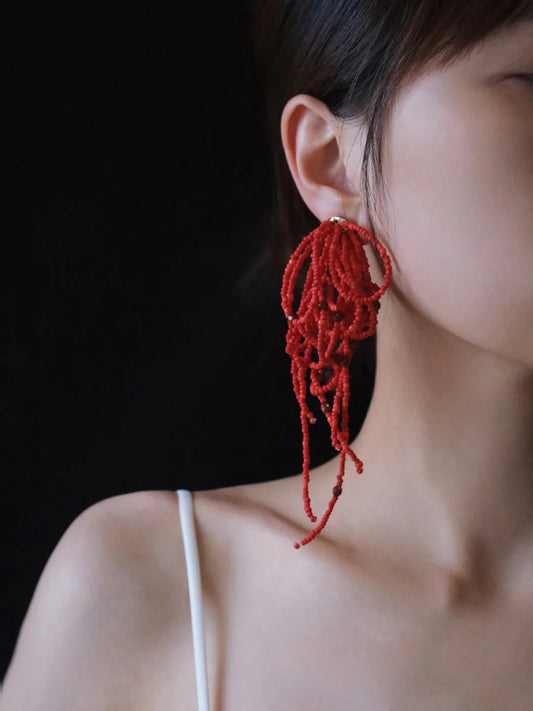Red Beaded Hoops Earrings - Lumivault