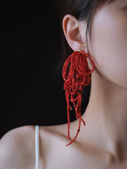 Red Beaded Hoops Earrings - Lumivault