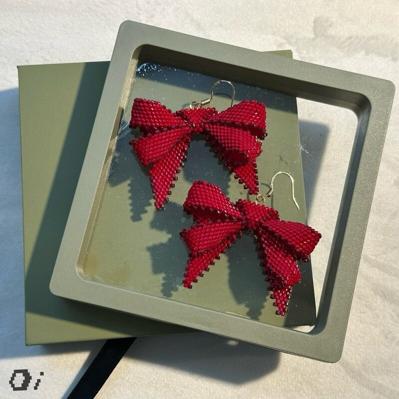 Red Bow MIYUKI Beaded Earrings,Lumivault.