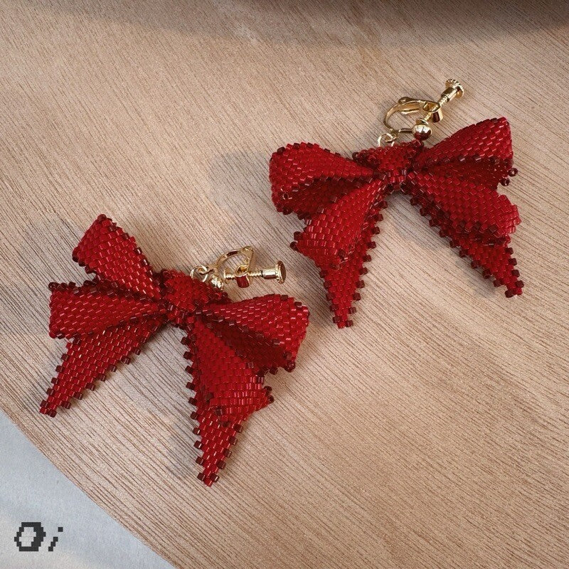 Red Bow MIYUKI Beaded Earrings,Lumivault.