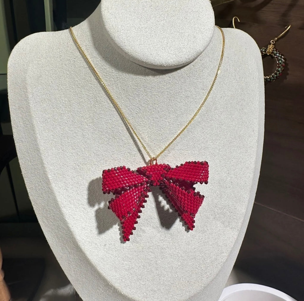 Red Bow MIYUKI Beaded Earrings,Necklace,Lumivault.