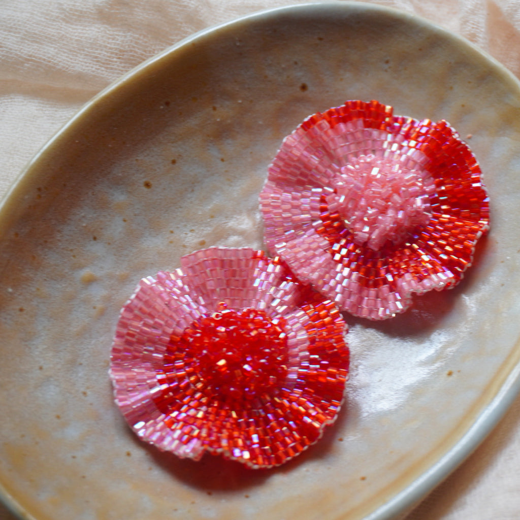 Handmade Beaded Red Flower Earrings,Lumivault.