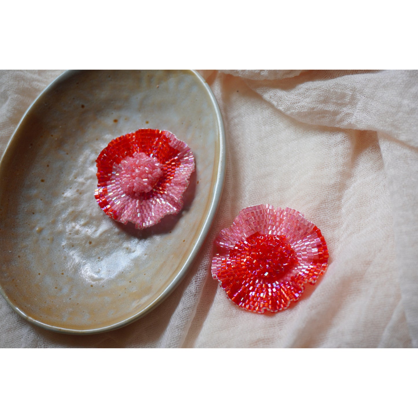 Handmade Beaded Red Flower Earrings