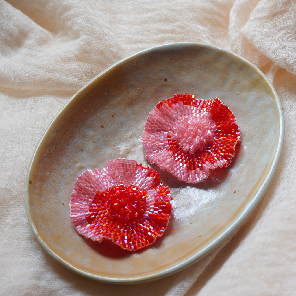 Handmade Beaded Red Flower Earrings,Lumivault.