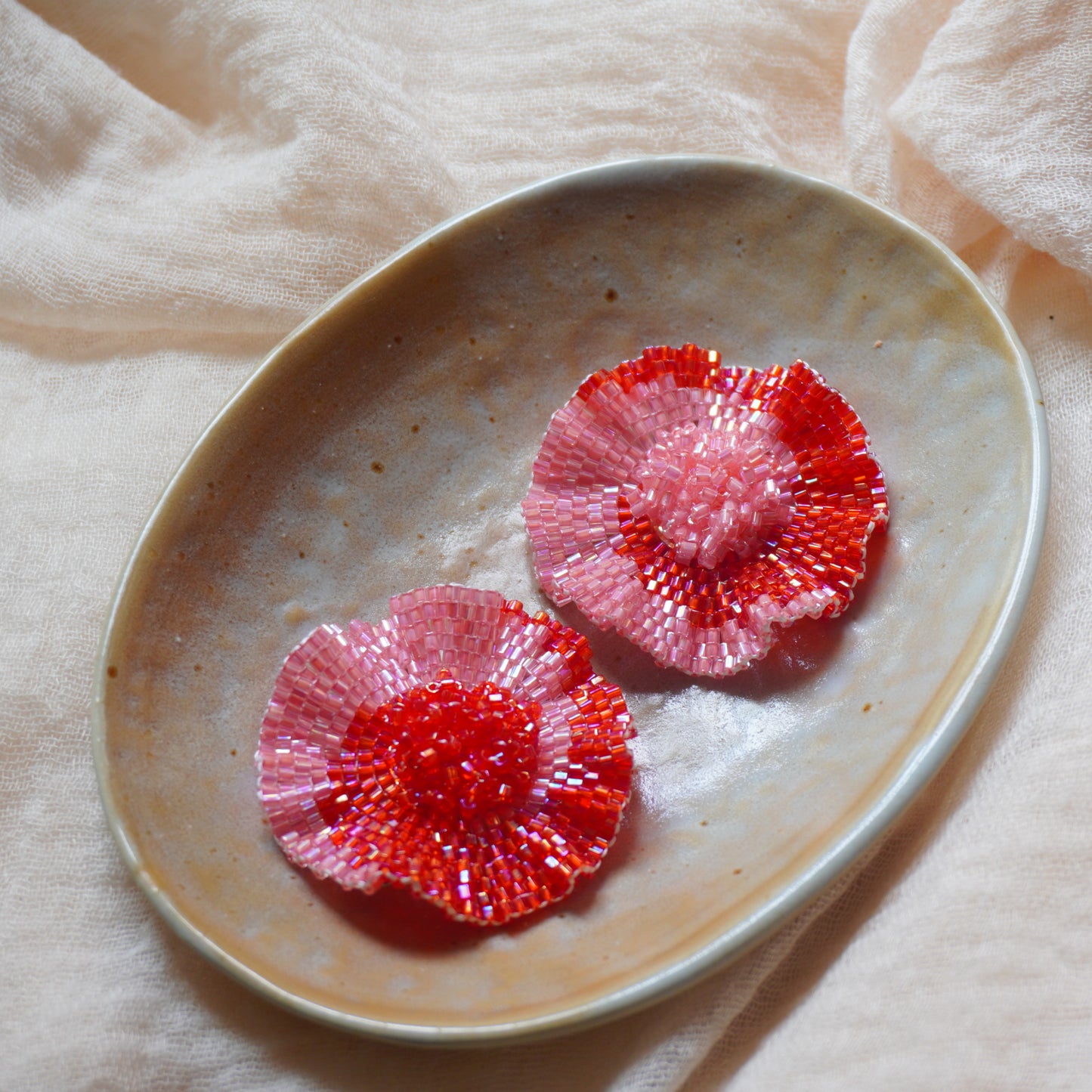 Handmade Beaded Red Flower Earrings
