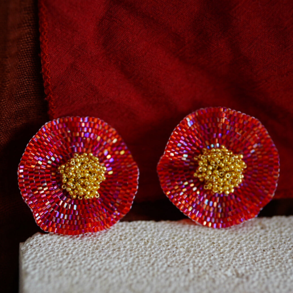 Red Camellia MIYUKI Beaded Earrings,Large Flower Studs(5cm Diameter),Lumivault.