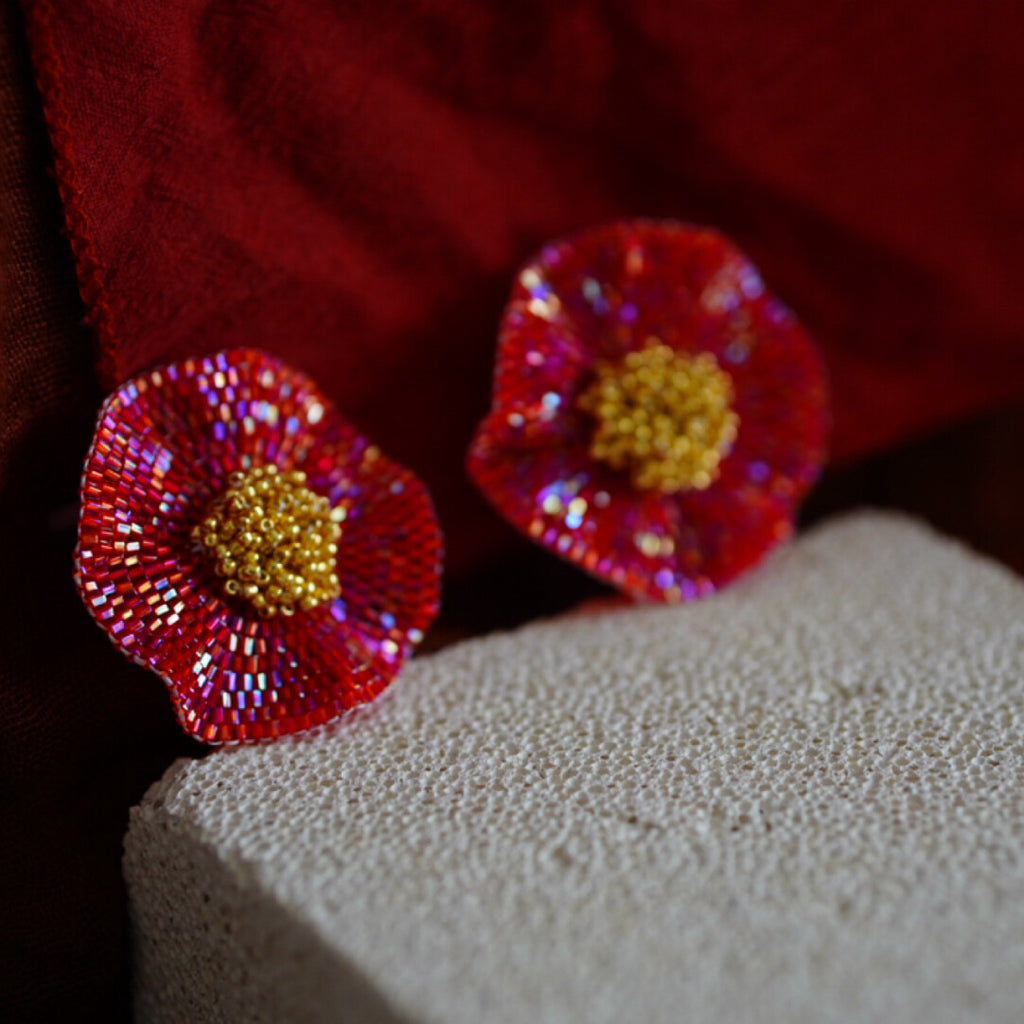 Red Camellia MIYUKI Beaded Earrings,Lumivault.