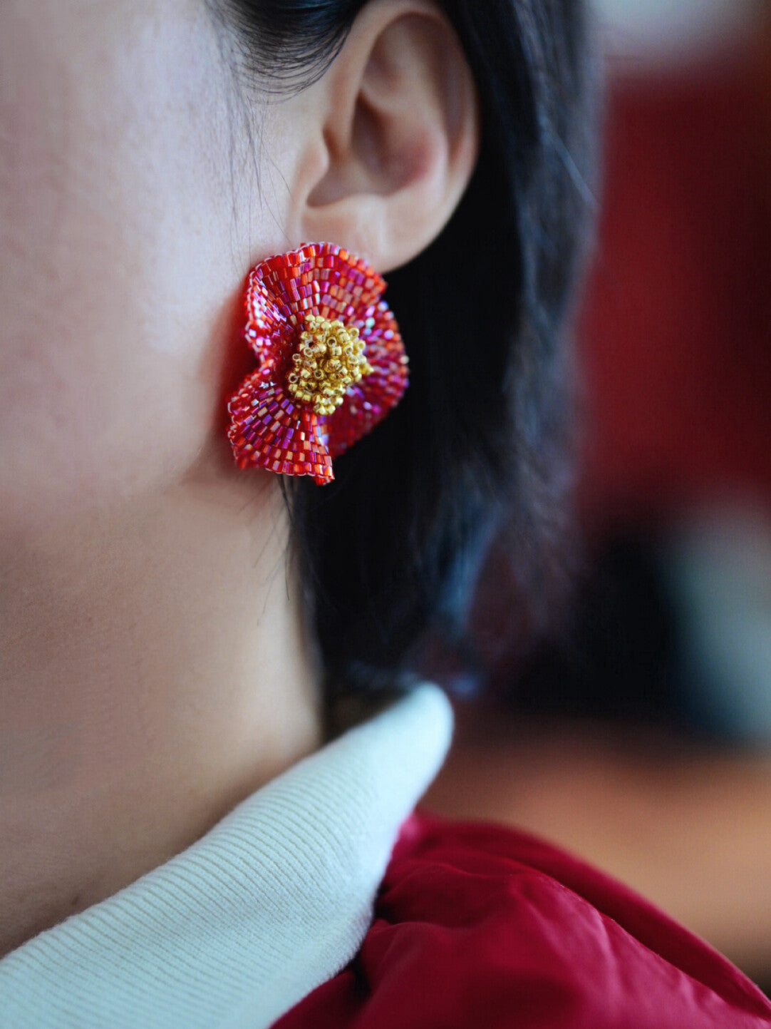 Red Camellia MIYUKI Beaded Earrings,Lumivault.