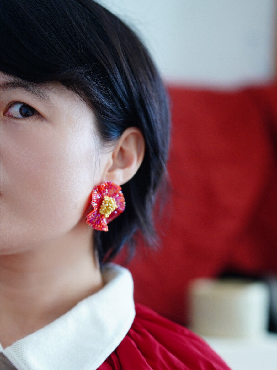 Red Camellia MIYUKI Beaded Earrings,Lumivault.