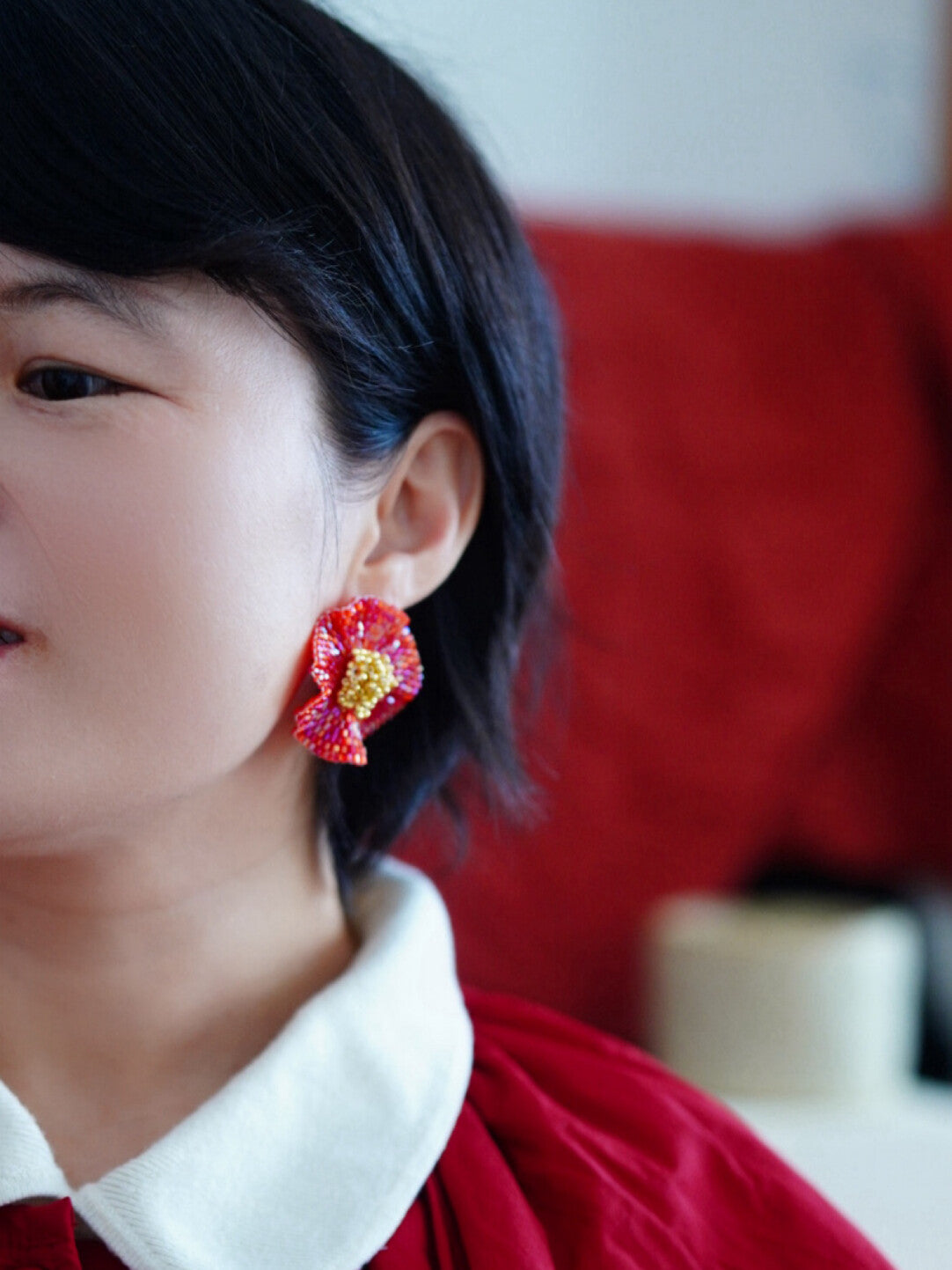 Red Camellia MIYUKI Beaded Earrings,Small Flower Studs(4cm Diameter),Lumivault.
