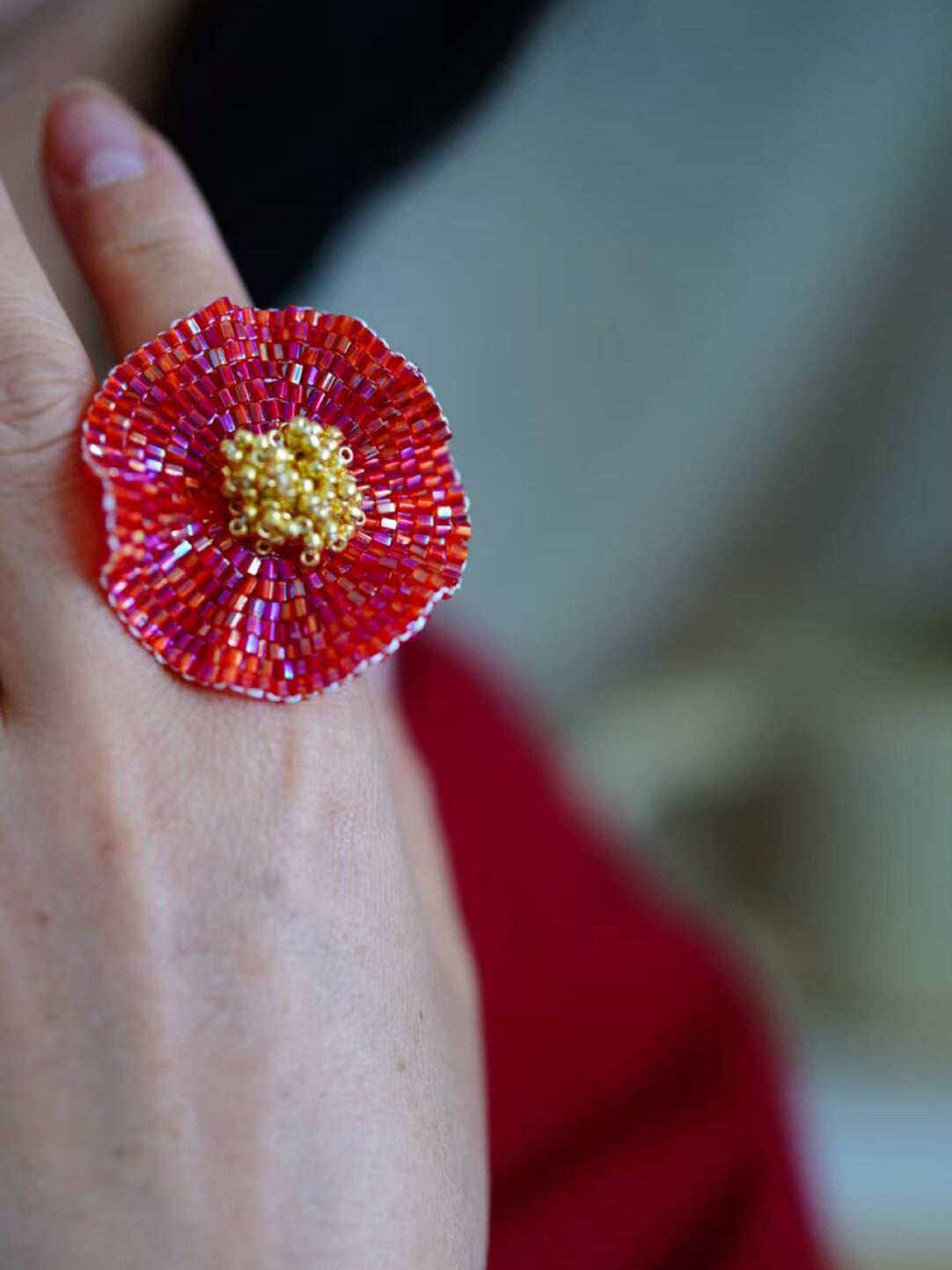 Red Camellia MIYUKI Beaded Earrings,One ring (Small Flower),Lumivault.