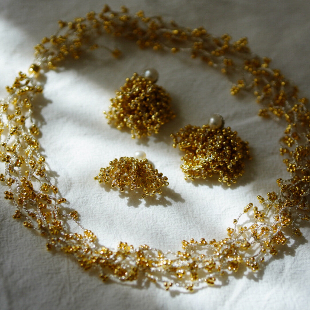 Retro Golden  Beaded Necklace Earrings,Lumivault.