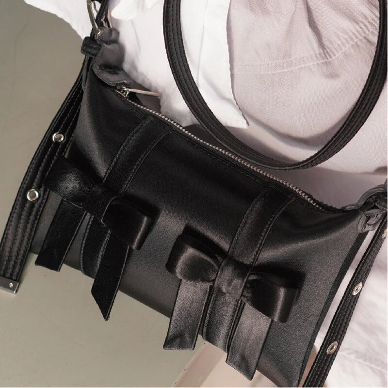 Satin Bow Design Clutch Bag,Black,Lumivault.