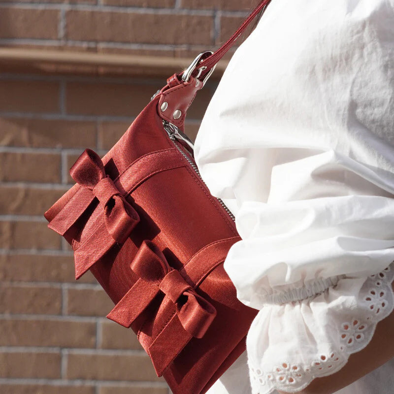 Satin Bow Design Clutch Bag,Red,Lumivault.
