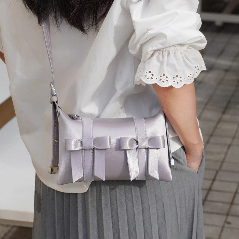 Satin Bow Design Clutch Bag,Silver,Lumivault.