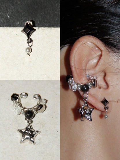 Silver Black Star Clip Earrings