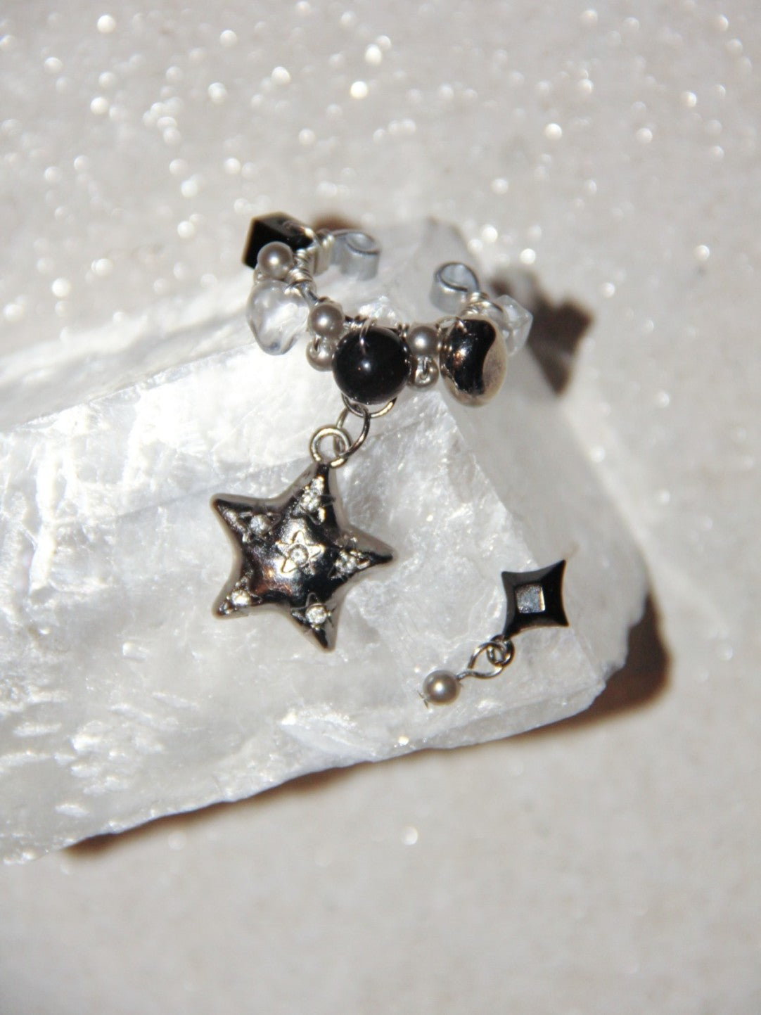 Silver Black Star Clip Earrings,Ear Stud+Ear Clip,Lumivault.