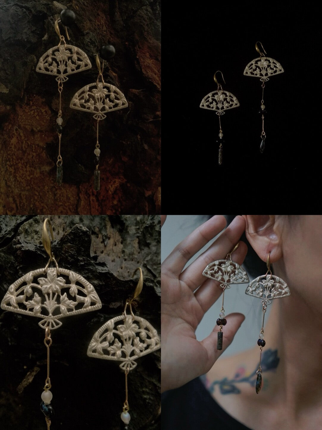 Silver Fan Asymmetrical Beaded Earrings,Lumivault.