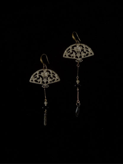 Silver Fan Asymmetrical Beaded Earrings